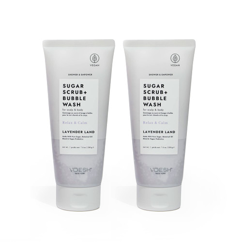 VOESH Sugar Scrub + Bubble Wash, Exfoliating Body Scrub & Body Wash, Lavender Land 2 Pack, Scalp Scrub, Scalp Care, Shower Sugar Scrub, Vegan Body Care