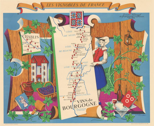 The Vintage Map Shop 1954 Les Vignobles de France | Vins de Bourgogne