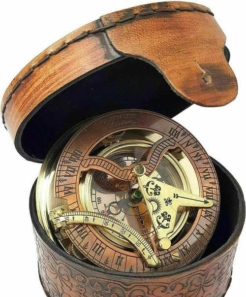 Vintage Brass Antique Marine Replica with Leather case Nautical Sundial Compass