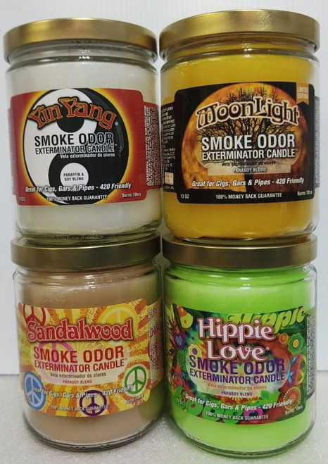 Smoke Odor Exterminator 13 oz Jar Candle, Yin Yang, Set of 4 Candles Includes Yin Yang, Moon Light, Sandalwood & Hippie Love.