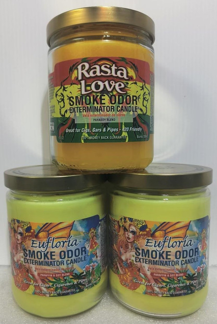 Smoke Odor Exterminator 13 oz Jar Candles Rasta Love, Assortment (3) Includes 1 Rasta Love and 2 Eufloria.