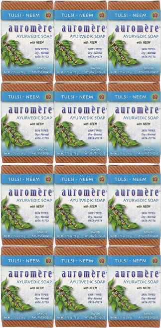 Auromere Ayurvedic Bar Soap, Tulsi Neem - Eco Friendly, Handmade, Vegan, Cruelty Free, Natural, Non GMO (2.75 oz), 12 pack Auromere Ayurvedic Bar Soap, Tulsi Neem - Eco Friendly, Handmade, Vegan, Cruelty Free, Natural, Non GMO (2.75 oz), 12 pack