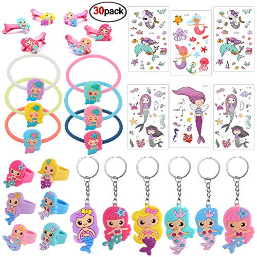 Konsait 30pack Mermaid Party Supplies, Mermaid Bracelet, Mermaid Rings, Mermaid Temporary Tattoos, Hair Clip, Mermaid Key Chains for Kids Mermaid Birthday Party Favors, Gift Party Bags Fillers for Girls