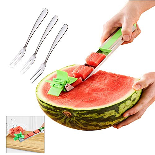 Neepanda Stainless Steel Windmill Watermelon Slicer Windmill Watermelon Cutter Watermelon Cubes Cutter Tongs Corer Fruit Melon with 3 Pack Fruit Fork Easy to Clean - Dishwasher Safety