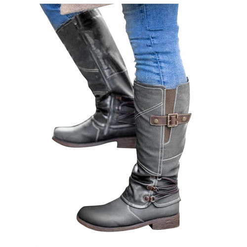 Boots for Women Knee High,Women's Wide Mid Calf Boots Chunky Heels Metal Buckle Side Zipper Fashion Winter Boots Gray