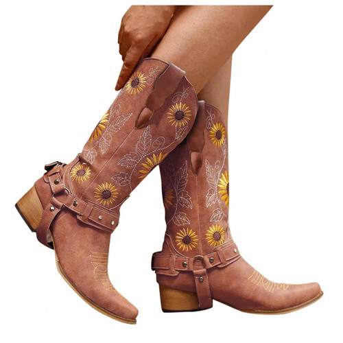 AODONG Cowboy Boots for Women Sunflowers Embroidery Boots Retro Square Toe Pull On Boots Chunky Heel Western Mid Calf Shoes Coffee