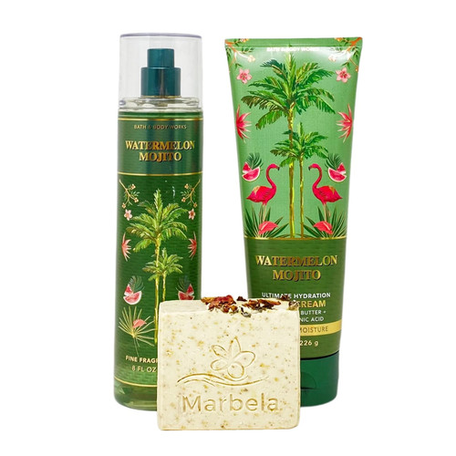 Bath & Body Works Watermelon Mojito Duo Gift Set - Fragrance Mist and Body Cream - with a Creamy Rose Bar Soap - Full Size