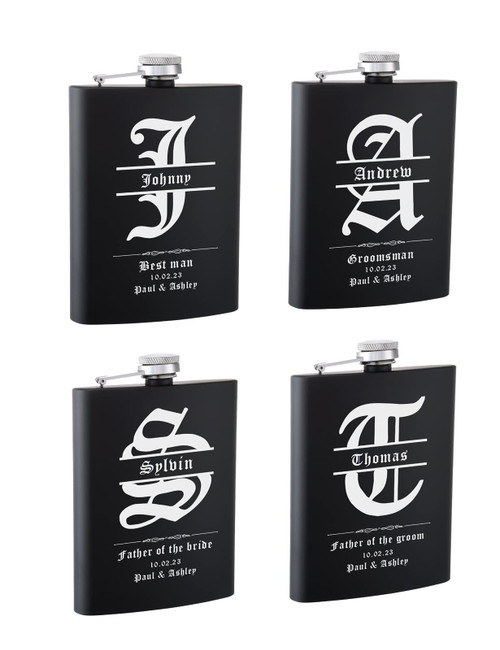 Personalized Groomsmen Gifts Set of 4, 8oz Engraved Flask for Groomsmen and Best Man, Custom Groomsmen and Best Man Proposal Gifts for Wedding (Black)