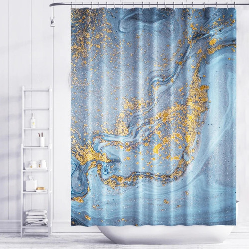 JIAMELUCK Gradient Marble Shower Curtain Blue Gold Printing Texture Waterproof Polyester Bathroom Curtains with Hooks 200x240cm