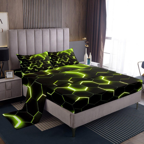 Erosebridal Boys Neon Green Black Bed Sheets Deep Pocket Full Geometric Ombre Kids Sheet Set,Geometry Honeycomb Bedding Set Hexagonal Beehive Fitted Sheet + Flat Sheet + 2 Pillow Cases