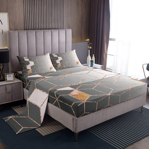 Erosebridal Geometric Full Sheet Set Honeycomb Sheets, Gray Gradient Bed Set Grey Ombre Bed Sheets Set, Geometry Grid Checkered Fitted Sheet 4pcs with 2 Pillowcases Breathable Lightweight