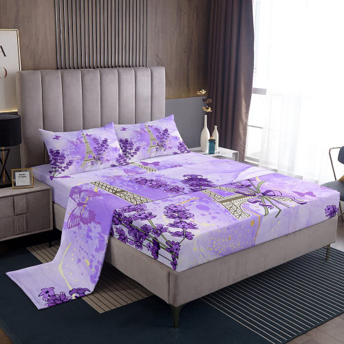 Floral Effiel Tower Bed Sheet 4 Piece,Paris Landmark Sheets Full Size Bed Set,Purple Flowers Watercolor Marble Bedding Set with Flat,Fitted Sheet,2 Pillow Cases
