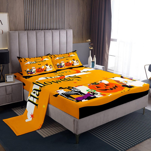 Happy Halloween Bed Sheet Set for Boys Girls,Pumpkin Cartoon Dog Cat Animals Bed Sheet Set Full Size Bedding Set,Cute Ghost Bat Black Cream Fitted Sheet and 1 Flat, 2 Pillow Sham