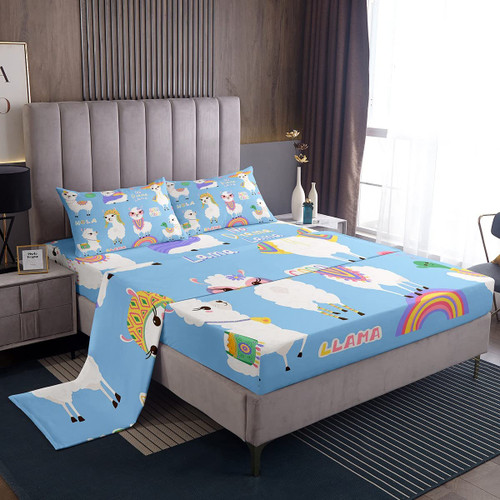 Feelyou Rainbow Llama Bedding Fitted Sheet Cute Llama Alpaca Bed Sheet Set for Kids Boys Cartoon Animal Girls Bed Sheets Kawaii Sheet Set 1 Bed Sheet Set with 2 Pillowcases Full Size