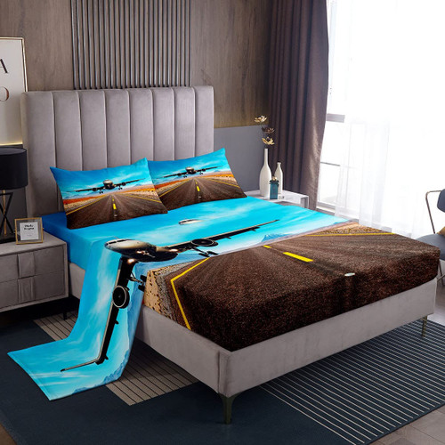 Feelyou Kids Aircraft Sheet Set Full Bed Sheets for Boys Girls Bedroom Airplane Print Decor Bedding Set Soft Aircraft Flying Plane Sheets Set with 2 Pillow Case