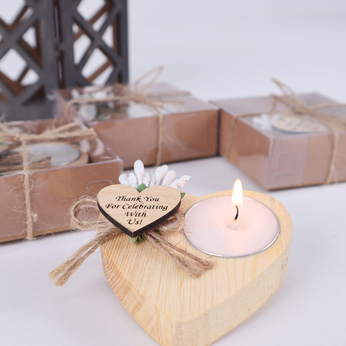 Pack of 10-15-25-35-50-100 Personalized Heart Shaped Wood Candle Holder Bridal Shower Tealight Holder Thank You Gifts Wedding Party Favors for Guest Candle Holder for Baby Shower Baptism (Light Brown)