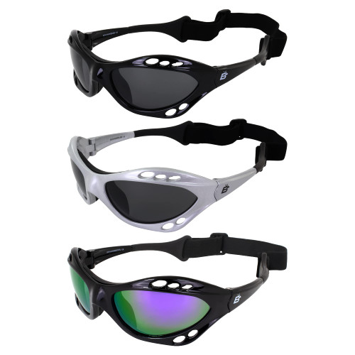 Birdz 3 Pairs Seahawk Padded Polarized Sunglasses w/Strap Water Sports Surfing Kayaking Jetski Silver & Black Frames w/Smoke Lens & Black Frame w/Purple Mirror Lens