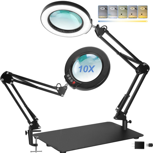 LANCOSC 10X Magnifying Glass with Light and Stand, Large Base Magnifying Desk Lamp with Clamp, 5 Color Mode Stepless Dimming LED Lighted Magnifier Hands Free for Close Work Craft Reading Repair