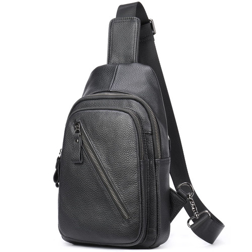 Leather Sling Bag For Men Cowhide Crossbody Sling Shoulder Chest Bag Casual Daypacks Travel Gear Messenger Backpacks (#2-Black)