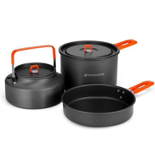 Odoland Camping Cookware Mess Kit, Camping Cooking Pot Fry Pan and 2.0L Kettle Set, Portable Camping Cookware Set with Mesh Bag for Camping, Backpacking, Outdoor Cooking and Picnic, for 5-7 People Odoland Camping Cookware Mess Kit, Camping Cooking Pot Fry Pan and 2.0L Kettle Set, Portable Camping Cookware Set with Mesh Bag for Camping, Backpacking, Outdoor Cooking and Picnic, for 5-7 People