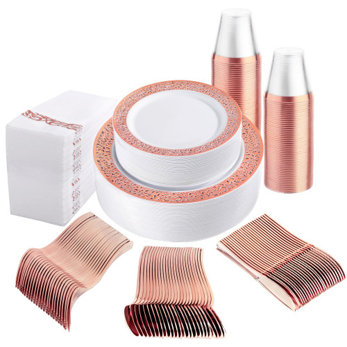 Bellsal 350 Piece Rose Gold Dinnerware Set 50 Guest, 50 Rose Gold Lace Plastic Plates-50 Rose Gold Dessert Plates-50 Plastic Cups-50 Paper Napkins-50 Plastic Silverware, Disposable Dinnerware Set Bellsal 350 Piece Rose Gold Dinnerware Set 50 Guest, 50 Rose Gold Lace Plastic Plates-50 Rose Gold Dessert Plates-50 Plastic Cups-50 Paper Napkins-50 Plastic Silverware, Disposable Dinnerware Set