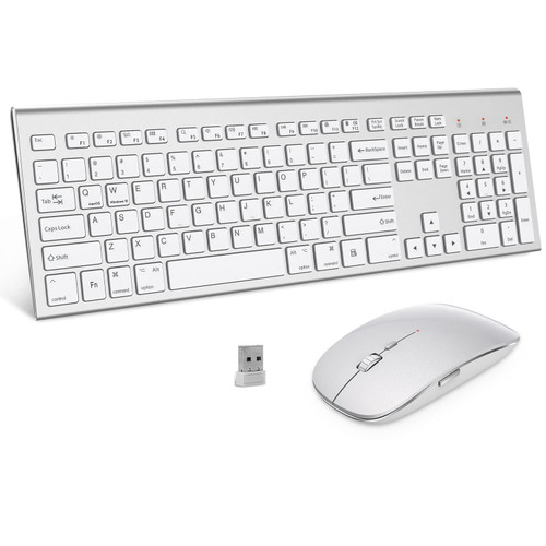 Wireless Keyboard and Mouse Combo, Double System Switching 2.4G USB Full-Size Ergonomic Silent Slim Sleek Wireless Keyboard Mice with Number pad for Mac Windows, Computer, Desktop, PC - Silver White