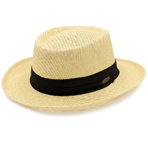 Panama Jack Gambler Straw Hat - Lightweight, 3" Big Brim, Inner Elastic Sweatband, 3-Pleat Ribbon Hat Band (Black, Large/X-Large)