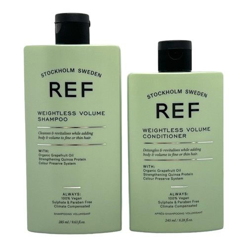 Sleekshop Comb + Reference of Sweden R.E.F. Stockholm WEIGHTLESS VOLUME Shampoo (9.63 oz) & Conditioner (8.28 oz) DUO SET KIT (w/ PINK Argan-Infused Rat Tail Comb) (VOLUME - Shampoo (9 oz) + Conditioner (8 oz))