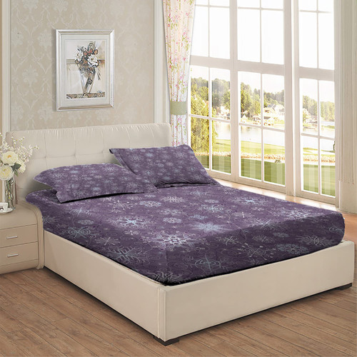 Eggplant Theme Full Fitted Sheet & Pillow Sham Set,Xmas Snowflakes Floral Pattern,Decorative Printed 3 Piece Bedding Decor Set,Fitted Deep Pocket Sheet(Violet)