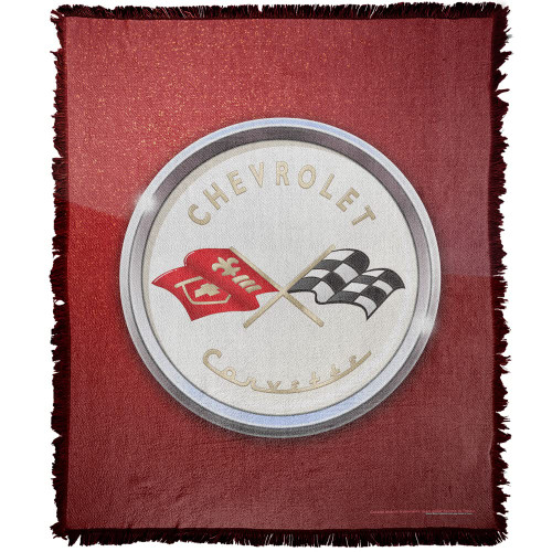 LOGOVISION Chevrolet Blanket, 50"x60" Corvette Emblem Fleck Woven Tapestry Cotton Blend Fringed Throw