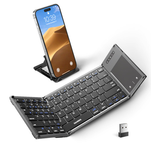 Samsers Foldable Bluetooth Keyboard with Touchpad, Full-Size Dual-Mode Wireless Folding Keyboard, Rechargeable Portable Travel Keyboard for iOS Android Windows Mac OS, Support 4 Device(BT5.1x3 + 2.4G)