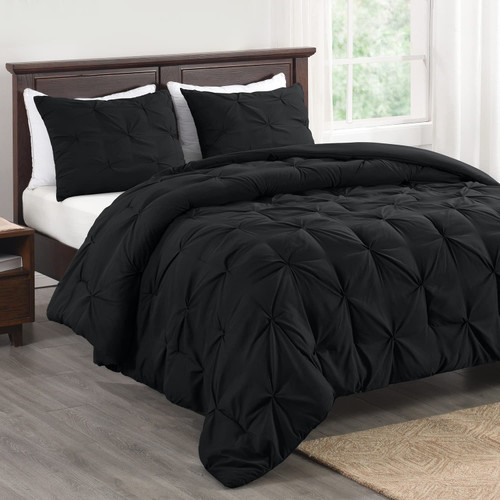 Basic Beyond Queen Comforter Set - Pinch Pleat Black Comforter Set Queen, Pintuck Bed Comforter Queen Set with Comforter & 2 Pillow Shams