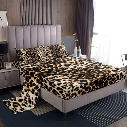 Leopard Print Bed Sheet Set Queen Size,African Cheetah Skin Print Fitted Sheet 4Pcs,Leopard Fur Pattern Fitted Sheets Luxury Wildlife Animal Theme Bedding Set with 1 Flat Sheet 2 Pillowcase,Brown Leopard Print Bed Sheet Set Queen Size,African Cheetah Skin Print Fitted Sheet 4Pcs,Leopard Fur Pattern Fitted Sheets Luxury Wildlife Animal Theme Bedding Set with 1 Flat Sheet 2 Pillowcase,Brown