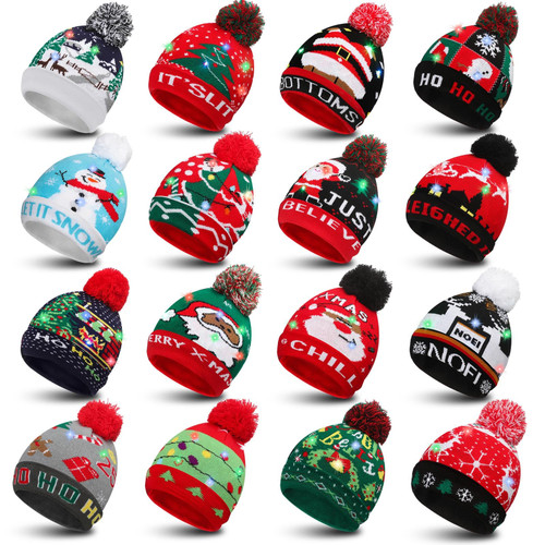Panitay 16 Pcs Christmas LED Light up Beanie Hat Christmas Knitted Beanie Hat LED Colorful Xmas Knit Cap for Kids Adults Panitay 16 Pcs Christmas LED Light up Beanie Hat Christmas Knitted Beanie Hat LED Colorful Xmas Knit Cap for Kids Adults