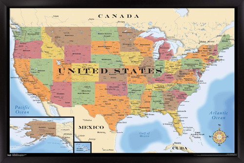 Trends International Map - USA Wall Poster, 22.375" x 34", Black Framed Version