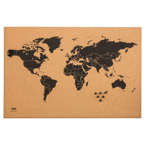 Idena 10415 - World Map Cork Pin Board with Black World Map with 6 Pins 60 x 40 cm Ideal for Wall Art, Decoration and Workplace