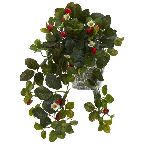 Nearly Natural 13in. Strawberry Artificial Vintage Hanging Metal Planter Silk Plants, Green