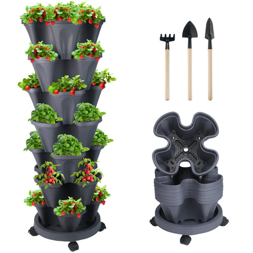 Stackable Planter, Vertical Garden Planter with Wheels and Tools, Self Watering Strawberry Planter Indoor/Outdoor 7 Tier Garden Tower Herb Planter for Growing Vegetables and Succulents, Dark Gray