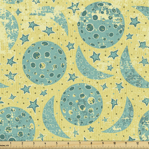 Ambesonne Moon Fabric by The Yard, Grunge States of The Moon Stars Pattern Vintage Color Palette Retro Design, Decorative Fabric for Upholstery and Home Accents, 3 Yards, Yellow Turquoise Teal