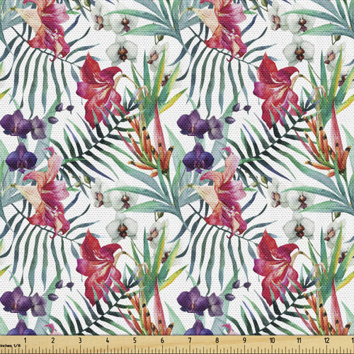 Ambesonne Floral Fabric by The Yard, Watercolored Tropical Exotic Foliage Vibrant Color Palette Hawaiian Summer Season, Decorative Fabric for Upholstery and Home Accents, 3 Yards, Multicolor