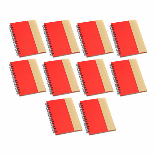 DISCOUNT PROMOS Eco Friendly Spiral Notebooks with Pens Set of 10, Bulk Pack - Perfect for School, Office, Home - Red
