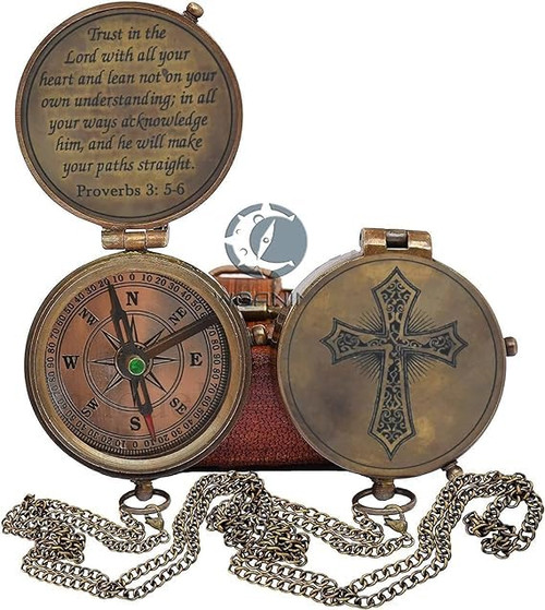 Trust in The Lord with All Your Heart -Proverbs 3: 5-6 Quote Engraved Compass with Leather Box, Compass Gift, 2023 Graduation Day Gifts- Baptism Gifts Compass (Own Customize)