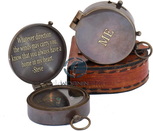 Engraved Brass Compass with Leather Case- Personalized Sundial Pocket Compass for Men, Antique Poem Compass, Gift for Women, Gift to Son from Mom