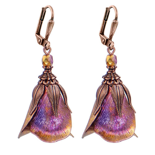 Iridescent Handmade Flower Earrings with Antiqued Copper-Plated Brass and Czech Glass Beads Iridescent Handmade Flower Earrings with Antiqued Copper-Plated Brass and Czech Glass Beads