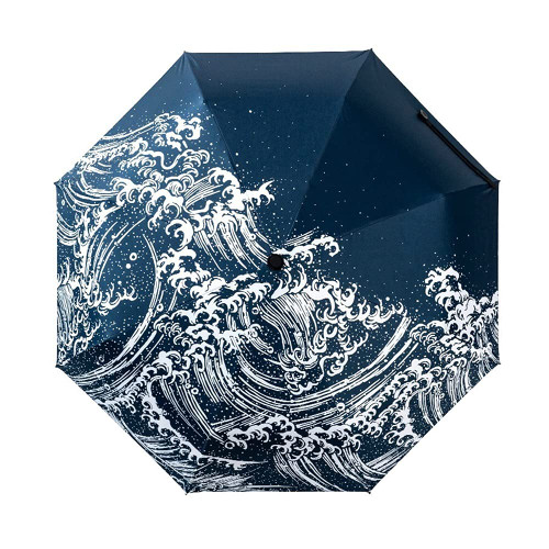 QIAOLI Compact Travel Umbrella Japanese Kanagawa Surfing Three Folding Umbrella 8 Rib Wind Resistant Frame for Women Waterproof Travel Umbrella Windproof Automatic Umbrellas (Color : Automatic)