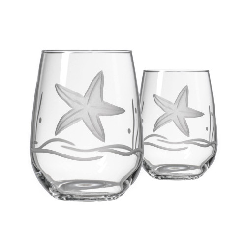 Rolf Glass Starfish Stemless Wine Tumbler 17 ounce - Stemless Wine Glasses - Lead-Free Glass - Etched Tumbler Glasses - Proudly Made in the USA (Set of 2)