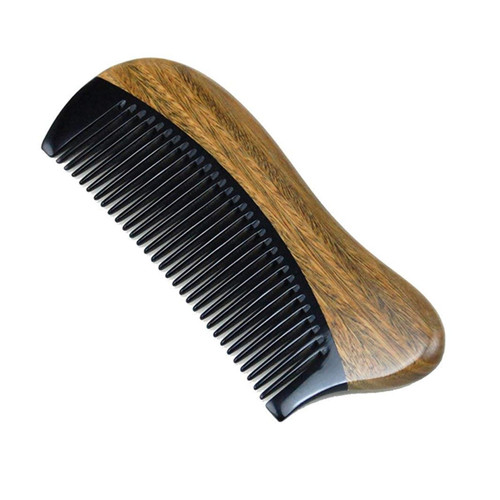 Natural Green Sandalwood Hair Comb - No Static Wooden Fine Tooth Black Buffalo Horn Comb (Green Sandalwood)
