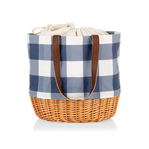 PICNIC TIME Coronado Canvas and Willow Basket Tote, Picnic Tote Bag, Beach Tote, (Blue & White with Beige Accents)