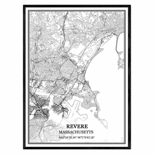 TANOKCRS Revere Massachusetts USA America Map Wall Art Canvas Print Poster Artwork Unframed Modern Black and White Map Souvenir Gift Home Decor 24x36 in