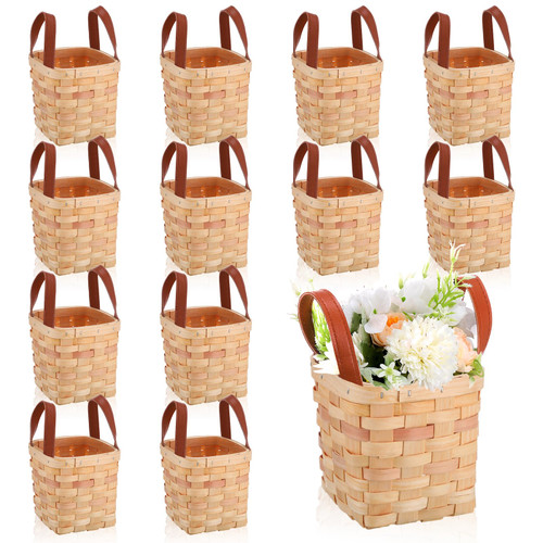 Rtteri 12 Pcs 4.5 x 4.5 x 4 Inch Woodchip Basket with Handles Small Wooden Decorative Woven Empty Baskets Picnic Square Mini Wicker Baskets Storage Basket Container for Organizing Snack Pantry